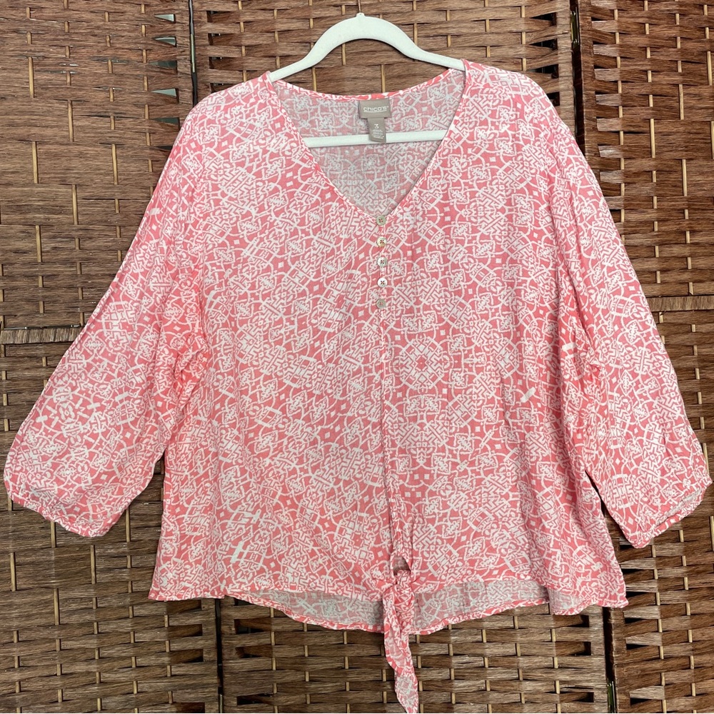 Chico's Pink & White V-Neck Blouse, 3/4 sleeve, Boho Grandmacore Coastal, Size 3